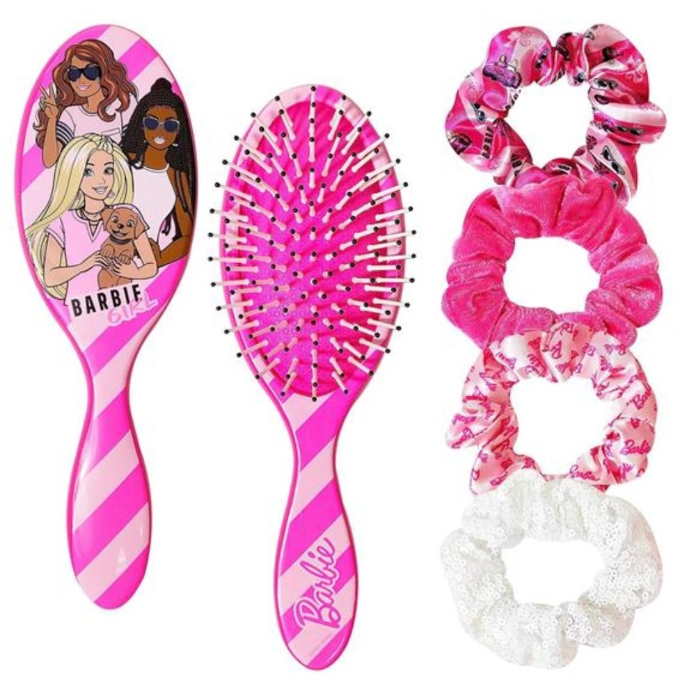 Barbie Hair Accessory 5 Pcs Set - 1 Hair Brush For Girls + 4 Scrunchies For Kids